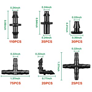 295 Pcs Drip Irrigation Fittings Kit for 1/4" Tubing 11 drip kits