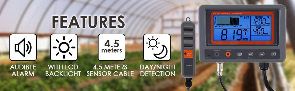 CO2 Controller Carbon Dioxide Controller CO2 Meter Monitor Day and Night Relay Function, NDIR CO2 Sensor for Green House, Grow Rooms, Factory, Home, Office 17 features