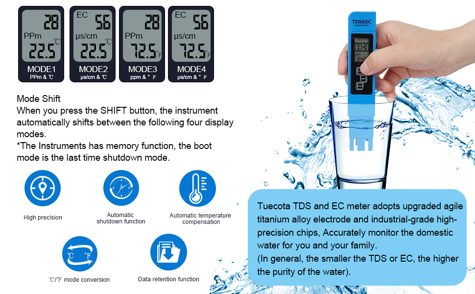 PH and TDS Meter Combo, Tuecota Digital ph Water Tester, 3-in-1 TDS Temperature & EC Meter, Digital Water Tester, Ultrahigh Accuracy Water Quality Tester for Drinking Water, Hydroponics, Aquarium etc 15 pH and TDS Meter