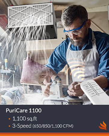 Purisystems 3-Speed Remote Air Filtration System, PuriCare 1100 Hanging Air Filter w/RF Remote for Woodworking, Garage Air Purifier, Shop Dust Collector, up to 1100 sq. ft (1100 CFM) 20 1100