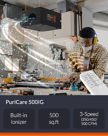 Purisystems 3-Speed Remote Air Filtration System, PuriCare 1100 Hanging Air Filter w/RF Remote for Woodworking, Garage Air Purifier, Shop Dust Collector, up to 1100 sq. ft (1100 CFM) 18 500IG