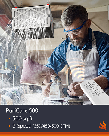 Purisystems 3-Speed Remote Air Filtration System, PuriCare 1100 Hanging Air Filter w/RF Remote for Woodworking, Garage Air Purifier, Shop Dust Collector, up to 1100 sq. ft (1100 CFM) 16 500