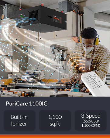 Purisystems 3-Speed Remote Air Filtration System, PuriCare 1100 Hanging Air Filter w/RF Remote for Woodworking, Garage Air Purifier, Shop Dust Collector, up to 1100 sq. ft (1100 CFM) 22 1100IG