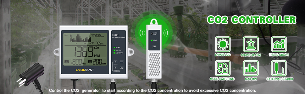Lyonsyst CC201 CO2 Monitor and Controller with 15ft Remote Sensor for Indoor Garden and hydroponics Grow System,Digital co2 Controller for Grow Room 11 CC201-5