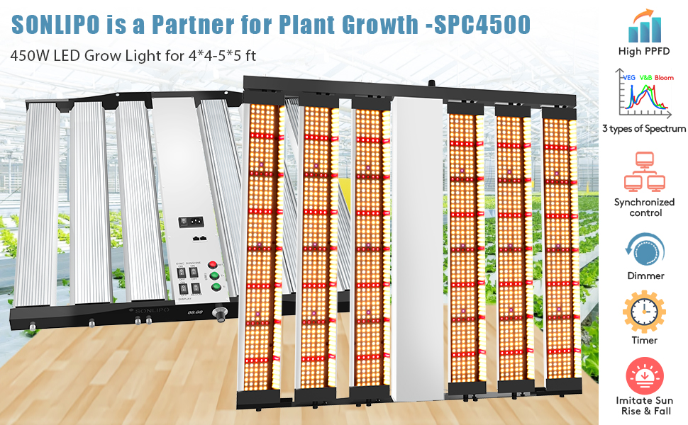 Sonlipo SPC4500 LED Grow Light 450W, 5x5 ft Coverage with 2196 LEDs Sunlike Full Spectrum with UV & IR, Dimmable Daisy Chain Timer Veg & Bloom Grow Lamp Hydroponic Indoor Plants Seeding Flower 14 SPC4500 450W LED Grow Light for Indoor Plants samsung Hydroponic Seeding Veg Flower Daisy Chain