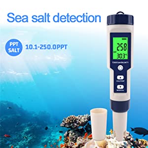 PH Meter,Water Tester 5 in 1 PH/TDS/Salinity/Temp&EC Meter,PH Meter for Water,IP67 Waterproof PH Pen,PPM Meter with Backlit,Salinity Tester for Saltwater Aquarium,Swimming Pool&Seawater. 10 pH
