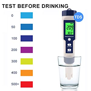 PH Meter,Water Tester 5 in 1 PH/TDS/Salinity/Temp&EC Meter,PH Meter for Water,IP67 Waterproof PH Pen,PPM Meter with Backlit,Salinity Tester for Saltwater Aquarium,Swimming Pool&Seawater. 14 tds