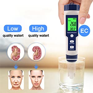 PH Meter,Water Tester 5 in 1 PH/TDS/Salinity/Temp&EC Meter,PH Meter for Water,IP67 Waterproof PH Pen,PPM Meter with Backlit,Salinity Tester for Saltwater Aquarium,Swimming Pool&Seawater. 12 EC