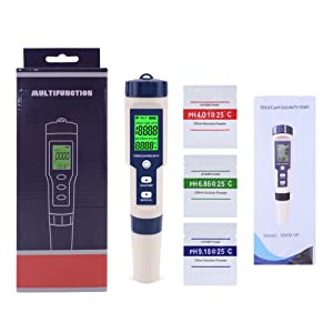 PH Meter,Water Tester 5 in 1 PH/TDS/Salinity/Temp&EC Meter,PH Meter for Water,IP67 Waterproof PH Pen,PPM Meter with Backlit,Salinity Tester for Saltwater Aquarium,Swimming Pool&Seawater. 20 packing