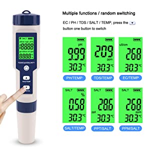 PH Meter,Water Tester 5 in 1 PH/TDS/Salinity/Temp&EC Meter,PH Meter for Water,IP67 Waterproof PH Pen,PPM Meter with Backlit,Salinity Tester for Saltwater Aquarium,Swimming Pool&Seawater. 22 背光LED