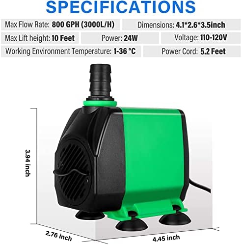 Simple Deluxe 10ft High Lift 800GPH 24W Submersible Pump (3000L/H) with 3 Size Nozzles for Fish Tank, Pond, Aquarium, Statuary, Hydroponics, Fountain, Green 2 Simple Deluxe 10ft High Lift 800GPH 24W Submersible Pump (3000L/H) with 3 Size Nozzles for Fish Tank, Pond, Aquarium, Statuary, Hydroponics, Fountain, Green - Image 2