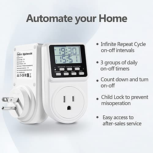 Techbee Indoor Digital Infinite Repeat Cycle Intermittent Outlet Timer Plug 24 Hour Programmable Timed Electrical Power Switch with Countdown Delay on Off Function for Lights and Appliances (2 Pack) 2 Techbee Indoor Digital Infinite Repeat Cycle Intermittent Outlet Timer Plug 24 Hour Programmable Timed Electrical Power Switch with Countdown Delay on Off Function for Lights and Appliances (2 Pack) - Image 2
