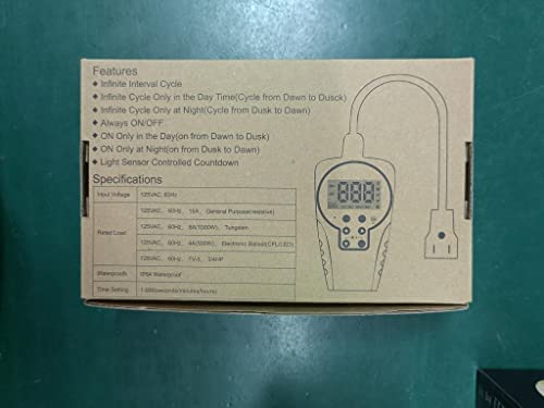 Techbee 1 s to 999 h Short/Long On-Off Interval Repeat Cycle Timer Plug Outlet with Countdown and Light Sensor, Waterproof for Outdoor (15A 3/4HP) 8 Techbee 1 s to 999 h Short/Long On-Off Interval Repeat Cycle Timer Plug Outlet with Countdown and Light Sensor, Waterproof for Outdoor (15A 3/4HP) - Image 8