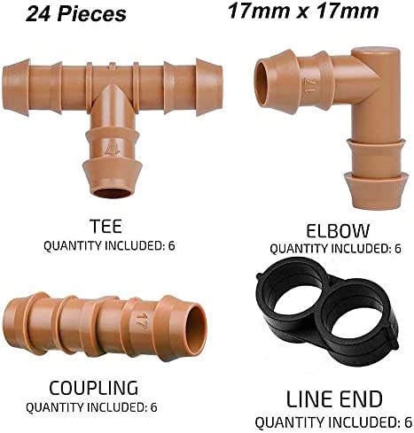 JAYEE 24P Drip Irrigation Fittings Kit for 1/2" Tubing (.600 ID), 17mm Parts- 6 Tees, 6 Couplings, 6 Elbows,6 End Cap Plugs- Barded Connectors for Rain Bird Pipe and Sprinkler Systems (24 Pieces Set) 2 JAYEE 24P Drip Irrigation Fittings Kit for 1/2" Tubing (.600 ID), 17mm Parts- 6 Tees, 6 Couplings, 6 Elbows,6 End Cap Plugs- Barded Connectors for Rain Bird Pipe and Sprinkler Systems (24 Pieces Set) - Image 2