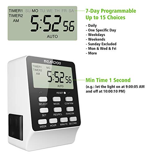 Outlet Timer, NEARPOW Dual Digital Light Timer with 2 Independently-controlled Outlets, 18 ON/OFF Programs, 24-Hour and 7-Day Programmable,Indoor Heavy Duty Electrical Timer Switch, 3 Prong, 15A/1800W 4 Outlet Timer, NEARPOW Dual Digital Light Timer with 2 Independently-controlled Outlets, 18 ON/OFF Programs, 24-Hour and 7-Day Programmable,Indoor Heavy Duty Electrical Timer Switch, 3 Prong, 15A/1800W - Image 4