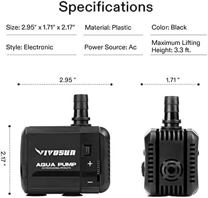 VIVOSUN 2-pack 210GPH Submersible Pump(800L/H, 8W), Ultra Quiet Water Pump with 3.3ft High Lift, Fountain Pump with 5ft Power Cord, 2 Nozzles for Fish Tank, Pond, Aquarium, Statuary, Hydroponics 7 VIVOSUN 2-pack 210GPH Submersible Pump(800L/H, 8W), Ultra Quiet Water Pump with 3.3ft High Lift, Fountain Pump with 5ft Power Cord, 2 Nozzles for Fish Tank, Pond, Aquarium, Statuary, Hydroponics - Image 7
