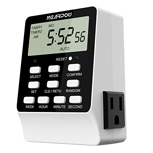 Outlet Timer, NEARPOW Dual Digital Light Timer with 2 Independently-controlled Outlets, 18 ON/OFF Programs, 24-Hour and 7-Day Programmable,Indoor Heavy Duty Electrical Timer Switch, 3 Prong, 15A/1800W 1 hydroponic timer