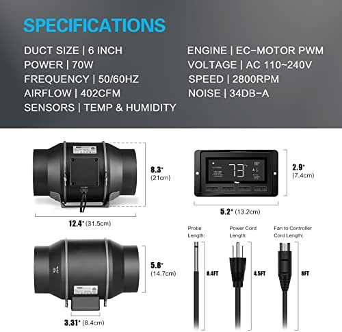 iPower GLFANXSETINLECWIFI6D8C 6 Inch Inline Duct Ventilation Fan, Carbon Filter, 8 Feet Ducting With Temperature Humidity App Via WiFi and Alexa Voice Control, for Hydroponics/Grow Tent, Black 2 iPower GLFANXSETINLECWIFI6D8C 6 Inch Inline Duct Ventilation Fan, Carbon Filter, 8 Feet Ducting With Temperature Humidity App Via WiFi and Alexa Voice Control, for Hydroponics/Grow Tent, Black - Image 2