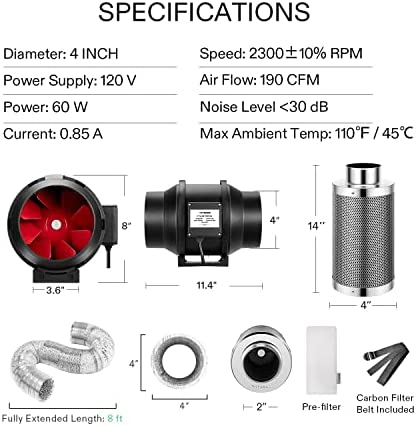VIVOSUN Ventilation Kit 4 Inch 190 CFM Inline Fan with Speed Controller, 4 Inch Carbon Filter and 8 Feet of Ducting for Grow Tent 7 VIVOSUN Ventilation Kit 4 Inch 190 CFM Inline Fan with Speed Controller, 4 Inch Carbon Filter and 8 Feet of Ducting for Grow Tent - Image 7