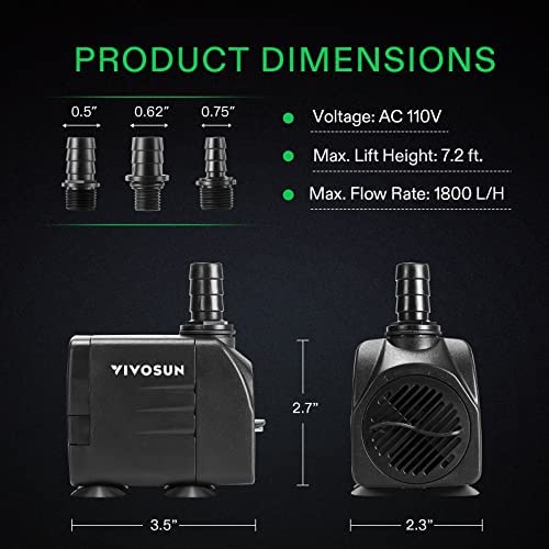 VIVOSUN 480GPH Submersible Pump(1800L/H, 25W), Ultra Quiet Water Pump with 7.2ft High Lift, Fountain Pump with 5ft Power Cord 2 VIVOSUN 480GPH Submersible Pump(1800L/H, 25W), Ultra Quiet Water Pump with 7.2ft High Lift, Fountain Pump with 5ft Power Cord - Image 2