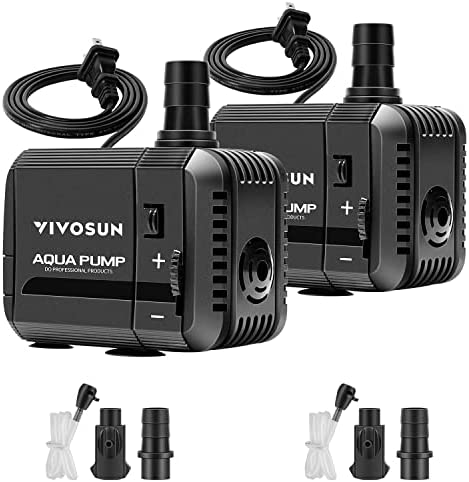 VIVOSUN 2-pack 210GPH Submersible Pump(800L/H, 8W), Ultra Quiet Water Pump with 3.3ft High Lift, Fountain Pump with 5ft Power Cord, 2 Nozzles for Fish Tank, Pond, Aquarium, Statuary, Hydroponics 1 hydroponic pump