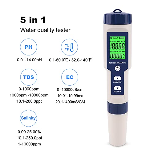 PH Meter,Water Tester 5 in 1 PH/TDS/Salinity/Temp&EC Meter,PH Meter for Water,IP67 Waterproof PH Pen,PPM Meter with Backlit,Salinity Tester for Saltwater Aquarium,Swimming Pool&Seawater. 5 PH Meter,Water Tester 5 in 1 PH/TDS/Salinity/Temp&EC Meter,PH Meter for Water,IP67 Waterproof PH Pen,PPM Meter with Backlit,Salinity Tester for Saltwater Aquarium,Swimming Pool&Seawater. - Image 5