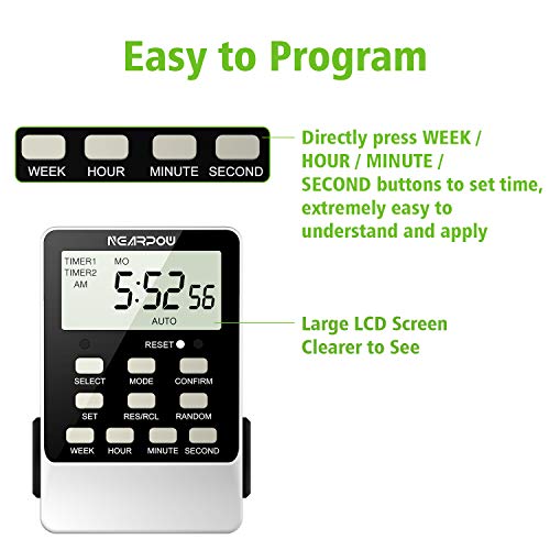 Outlet Timer, NEARPOW Dual Digital Light Timer with 2 Independently-controlled Outlets, 18 ON/OFF Programs, 24-Hour and 7-Day Programmable,Indoor Heavy Duty Electrical Timer Switch, 3 Prong, 15A/1800W 3 Outlet Timer, NEARPOW Dual Digital Light Timer with 2 Independently-controlled Outlets, 18 ON/OFF Programs, 24-Hour and 7-Day Programmable,Indoor Heavy Duty Electrical Timer Switch, 3 Prong, 15A/1800W - Image 3
