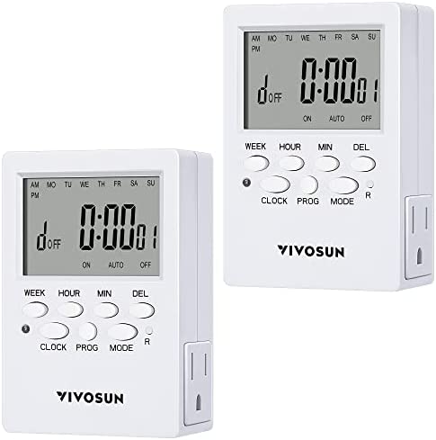VIVOSUN 7 Day Programmable Digital Timer with Dual Outlet, 20 On/Off UL Listed Heavy Duty Plug-in Outlet Timer with Countdown Setting, Indoor for Lamp, Fan, Heater, Humidifiers, Aquarium (2 Pack) 1 hydroponic timer