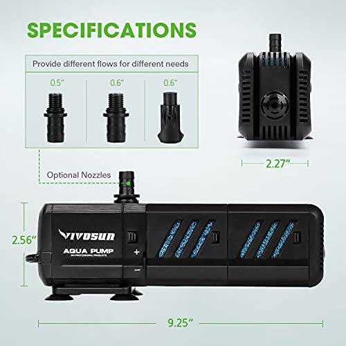 VIVOSUN 400GPH Submersible Pump(1500L/H, 15W), Ultra Quiet 4-in-1 Water Pump with 5.2ft High Lift, Fountain Pump with 5ft Power Cord, 3 Nozzles for Fish Tank, Pond, Aquarium, Statuary, Hydroponics 3 VIVOSUN 400GPH Submersible Pump(1500L/H, 15W), Ultra Quiet 4-in-1 Water Pump with 5.2ft High Lift, Fountain Pump with 5ft Power Cord, 3 Nozzles for Fish Tank, Pond, Aquarium, Statuary, Hydroponics - Image 3