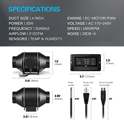 iPower 4 Inch Inline Duct Ventilation Smart Fan, Carbon Filter, 8 Feet Ducting with Temperature Humidity App Control via WiFi, Voice Control with Alexa for Grow Tent, Black 2 iPower 4 Inch Inline Duct Ventilation Smart Fan, Carbon Filter, 8 Feet Ducting with Temperature Humidity App Control via WiFi, Voice Control with Alexa for Grow Tent, Black - Image 2