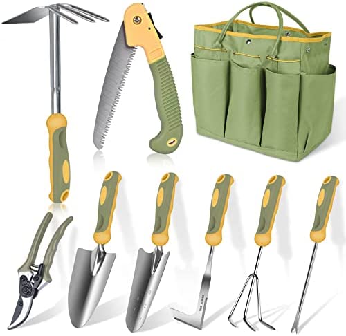 Garden Tool Set, WisaKey 9 Piece Stainless Steel Heavy Duty Green Gardening Tools with Non-Slip Ergonomic Handle, Durable Garden Tool Bag, Ideal Gardening Hand Tools, Gardening Gifts for Women and Men 1 hydroponic gardening tools