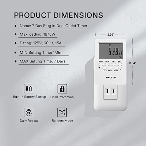 VIVOSUN 7 Day Programmable Digital Timer with Dual Outlet, 20 On/Off UL Listed Heavy Duty Plug-in Outlet Timer with Countdown Setting, Indoor for Lamp, Fan, Heater, Humidifiers, Aquarium (2 Pack) 2 VIVOSUN 7 Day Programmable Digital Timer with Dual Outlet, 20 On/Off UL Listed Heavy Duty Plug-in Outlet Timer with Countdown Setting, Indoor for Lamp, Fan, Heater, Humidifiers, Aquarium (2 Pack) - Image 2
