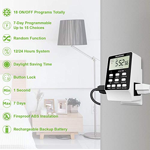 Outlet Timer, NEARPOW Dual Digital Light Timer with 2 Independently-controlled Outlets, 18 ON/OFF Programs, 24-Hour and 7-Day Programmable,Indoor Heavy Duty Electrical Timer Switch, 3 Prong, 15A/1800W 7 Outlet Timer, NEARPOW Dual Digital Light Timer with 2 Independently-controlled Outlets, 18 ON/OFF Programs, 24-Hour and 7-Day Programmable,Indoor Heavy Duty Electrical Timer Switch, 3 Prong, 15A/1800W - Image 7