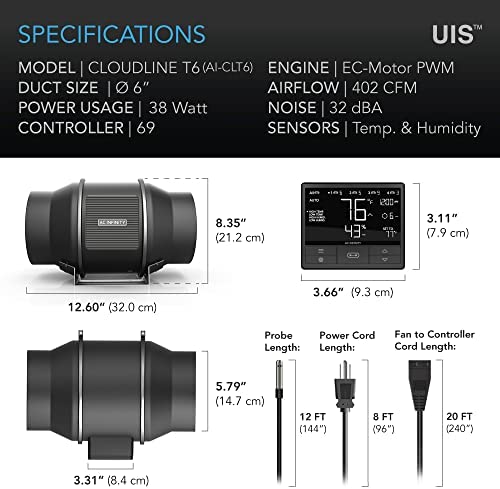 AC Infinity CLOUDLINE T6, Quiet 6” Inline Duct Fan with Temperature Humidity Controller, Bluetooth App - Ventilation Exhaust Fan for Heating Cooling Booster, Grow Tents, Hydroponics 6 AC Infinity CLOUDLINE T6, Quiet 6” Inline Duct Fan with Temperature Humidity Controller, Bluetooth App - Ventilation Exhaust Fan for Heating Cooling Booster, Grow Tents, Hydroponics - Image 6