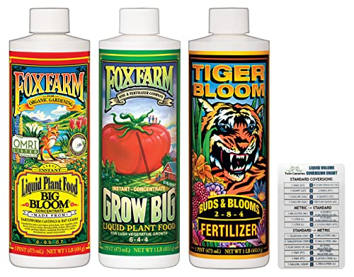 FoxFarm Liquid Nutrient Trio Soil Formula: Big Bloom, Grow Big, Tiger Bloom (Pack of 3-16 oz Bottles) + Twin Canaries Chart 1 hydroponic cloning solution