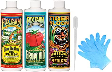 Fox Farm Liquid Nutrient Trio Hydro Formula: Big Bloom, Grow Big Hydro, Tiger Bloom (Pack of 3-16 oz. Bottles) 1 Pint Each + Gloves & Pipette 1 hydroponic nutrients