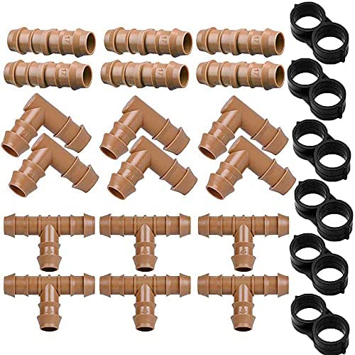 JAYEE 24P Drip Irrigation Fittings Kit for 1/2" Tubing (.600 ID), 17mm Parts- 6 Tees, 6 Couplings, 6 Elbows,6 End Cap Plugs- Barded Connectors for Rain Bird Pipe and Sprinkler Systems (24 Pieces Set) 1 hydroponic tubing and fittings