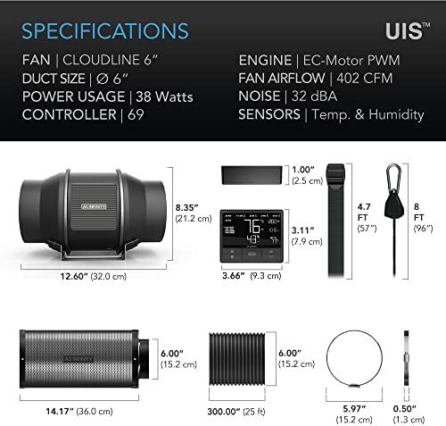 AC Infinity Air Filtration PRO Kit 6”, CLOUDLINE Inline Fan with Controller 69, Carbon Filter Ducting Combo, Cooling and Ventilation System for Grow Tents, Hydroponics, Indoor Gardening 7 AC Infinity Air Filtration PRO Kit 6”, CLOUDLINE Inline Fan with Controller 69, Carbon Filter Ducting Combo, Cooling and Ventilation System for Grow Tents, Hydroponics, Indoor Gardening - Image 7
