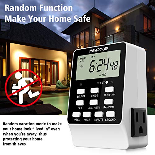 Outlet Timer, NEARPOW Dual Digital Light Timer with 2 Independently-controlled Outlets, 18 ON/OFF Programs, 24-Hour and 7-Day Programmable,Indoor Heavy Duty Electrical Timer Switch, 3 Prong, 15A/1800W 6 Outlet Timer, NEARPOW Dual Digital Light Timer with 2 Independently-controlled Outlets, 18 ON/OFF Programs, 24-Hour and 7-Day Programmable,Indoor Heavy Duty Electrical Timer Switch, 3 Prong, 15A/1800W - Image 6