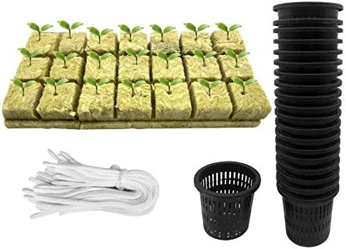 61Pcs Hydroponics Mesh Net Cup Kit - 20 Packs 3 Inches Slotted Mesh Net Pot Cups, 21Packs 1.7x1.7x1.7Inch Stonewool Starter Plugs, 20 Article Self Watering Cotton Wick Cord for Hydroponics 1 hydroponic rockwool