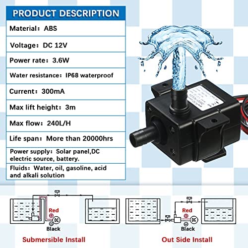12V Submersible Water Pump 3.6W Fountain Pump 63 Gallons Water Pump with 118" High Lift for Hydroponic Aquarium Fountains Fish Tank (4 Pcs) 3 12V Submersible Water Pump 3.6W Fountain Pump 63 Gallons Water Pump with 118" High Lift for Hydroponic Aquarium Fountains Fish Tank (4 Pcs) - Image 3