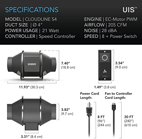 AC Infinity CLOUDLINE S4, Quiet 4” Inline Duct Fan with Speed Controller, EC Motor - Ventilation Exhaust Fan for Heating Cooling Booster, Grow Tents, Hydroponics 6 AC Infinity CLOUDLINE S4, Quiet 4” Inline Duct Fan with Speed Controller, EC Motor - Ventilation Exhaust Fan for Heating Cooling Booster, Grow Tents, Hydroponics - Image 6
