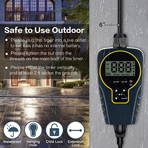 Techbee 1 s to 999 h Short/Long On-Off Interval Repeat Cycle Timer Plug Outlet with Countdown and Light Sensor, Waterproof for Outdoor (15A 3/4HP) 6 Techbee 1 s to 999 h Short/Long On-Off Interval Repeat Cycle Timer Plug Outlet with Countdown and Light Sensor, Waterproof for Outdoor (15A 3/4HP) - Image 6