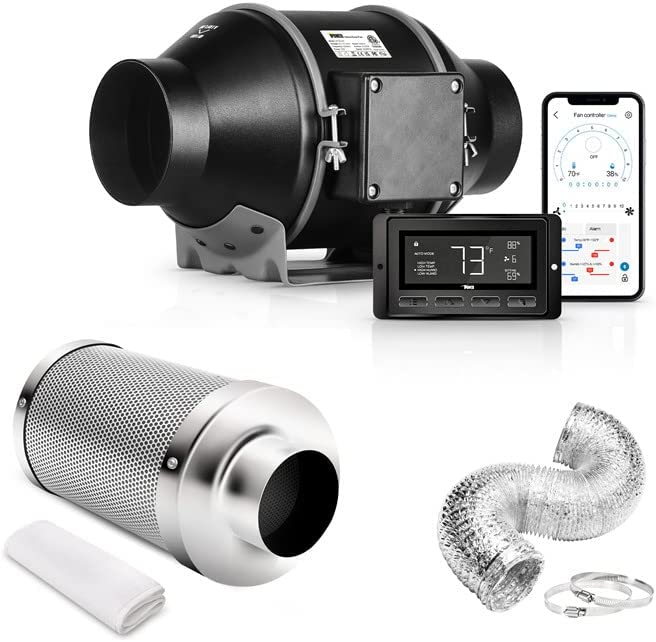 iPower 4 Inch Smart Inline Ventilation Fan Carbon Filter, 8 Feet Ducting with Temperature Humidity App via WiFi, Voice Control with Alexa, 4 Ec, for HAVC Hydroponics/Grow Tent 1 hydroponic fans and filters
