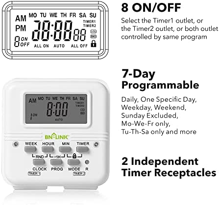 BN-LINK 7 Day Heavy Duty Digital Programmable Timer Outlet - Dual Electrical Outlet Timer 2 Independently Plug-in Grounded Outlets Switch 8 ON/Off Programs 3 Prong Timer for Light Lamp Fan 15A/1875W 4 BN-LINK 7 Day Heavy Duty Digital Programmable Timer Outlet - Dual Electrical Outlet Timer 2 Independently Plug-in Grounded Outlets Switch 8 ON/Off Programs 3 Prong Timer for Light Lamp Fan 15A/1875W - Image 4