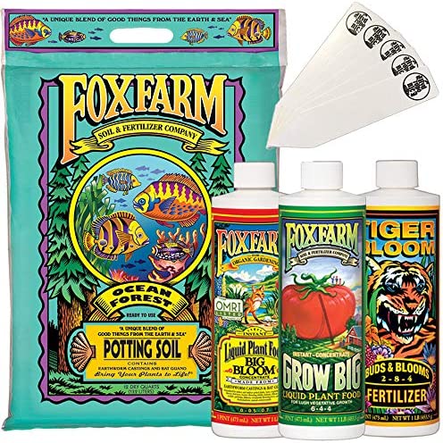 Fox Farm Starter Bundle | Big Bloom, Grow Big, Tiger Bloom (Pack of 3-16 oz. Bottles) | 12 Quart Ocean Forest Garden Potting Soil Bag | The Hydroponic City Stakes 1 hydroponic ph down