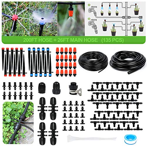 MIXC 226FT Greenhouse Micro Drip Irrigation Kit Automatic Irrigation System Patio Misting Plant Watering System with 1/4 inch 1/2 inch Blank Distribution Tubing Hose Adjustable Nozzle Emitters Sprinkler Barbed Fittings 1 hydroponic tubing and fittings