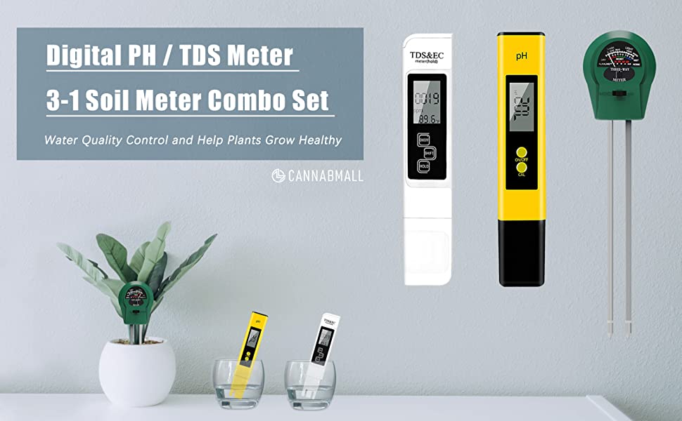 CANNABMALL PH Meter, TDS PPM Meter and 3 in 1 Soil Moisture Meter Combo 9 PH meter TDS meter 3-1 soil meter