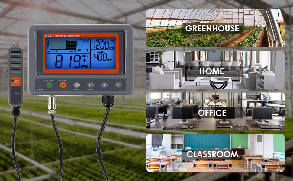 CO2 Controller Carbon Dioxide Controller CO2 Meter Monitor Day and Night Relay Function, NDIR CO2 Sensor for Green House, Grow Rooms, Factory, Home, Office 11 Application
