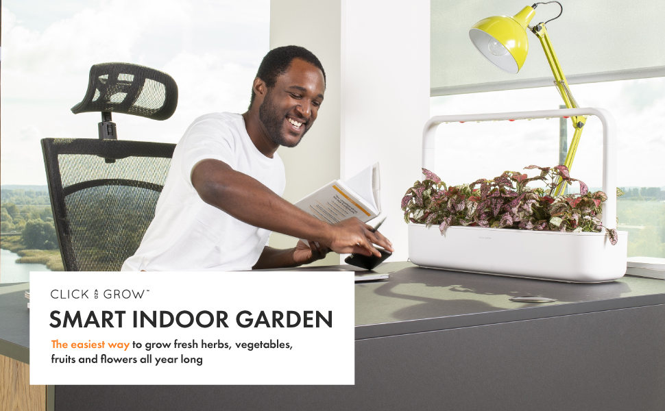 Click & Grow Indoor Herb Garden Kit with Grow Light | Easier Than Hydroponics Growing System | Smart Garden for Home Kitchen Windowsill | Vegetable & Herb Garden Starter Kit with 9 Plant pods, White 8 Man working at desk next to click and grow smart garden